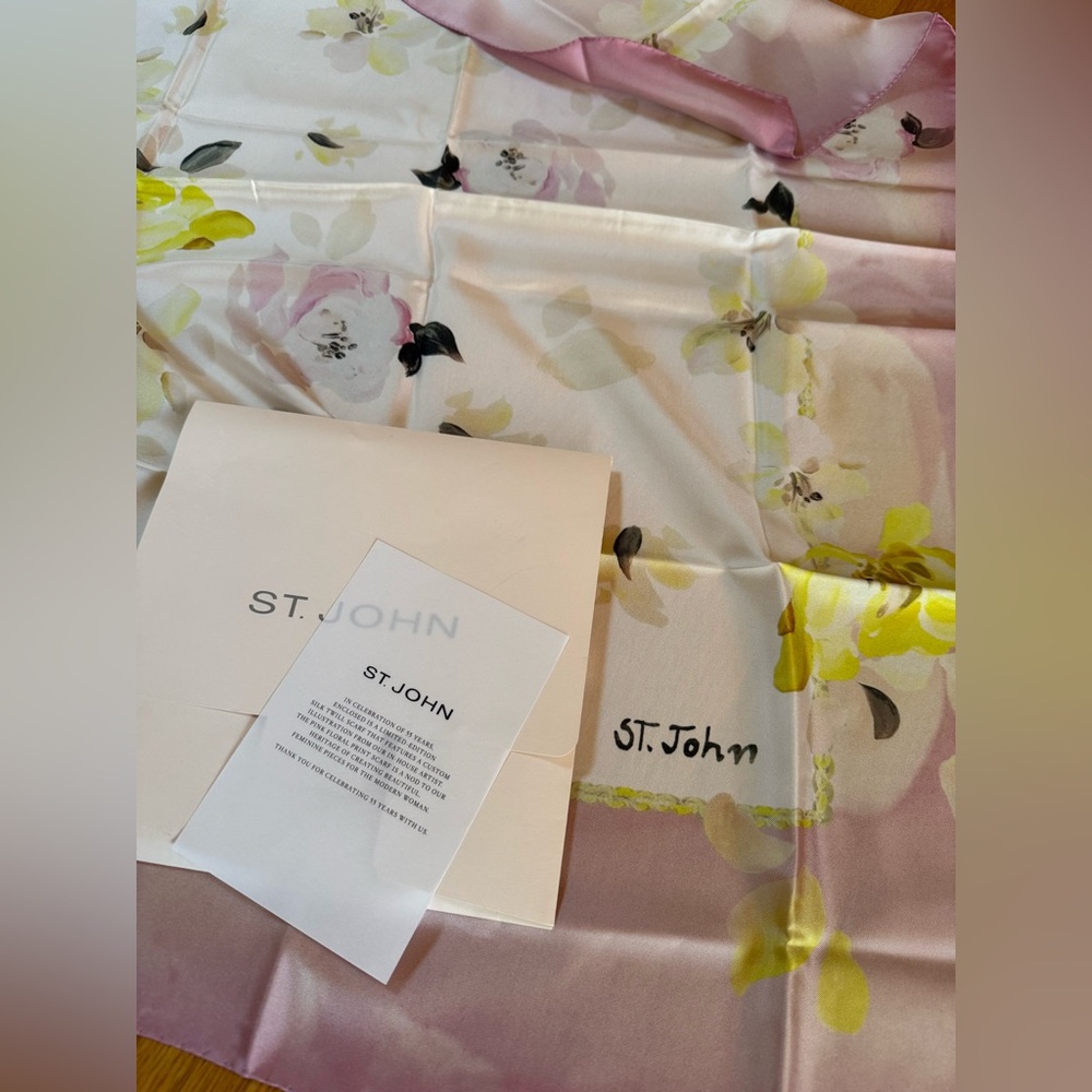 St. John Floral Silk Scarf in Soft Pink and Yellow New With Tags Size 36”X36”